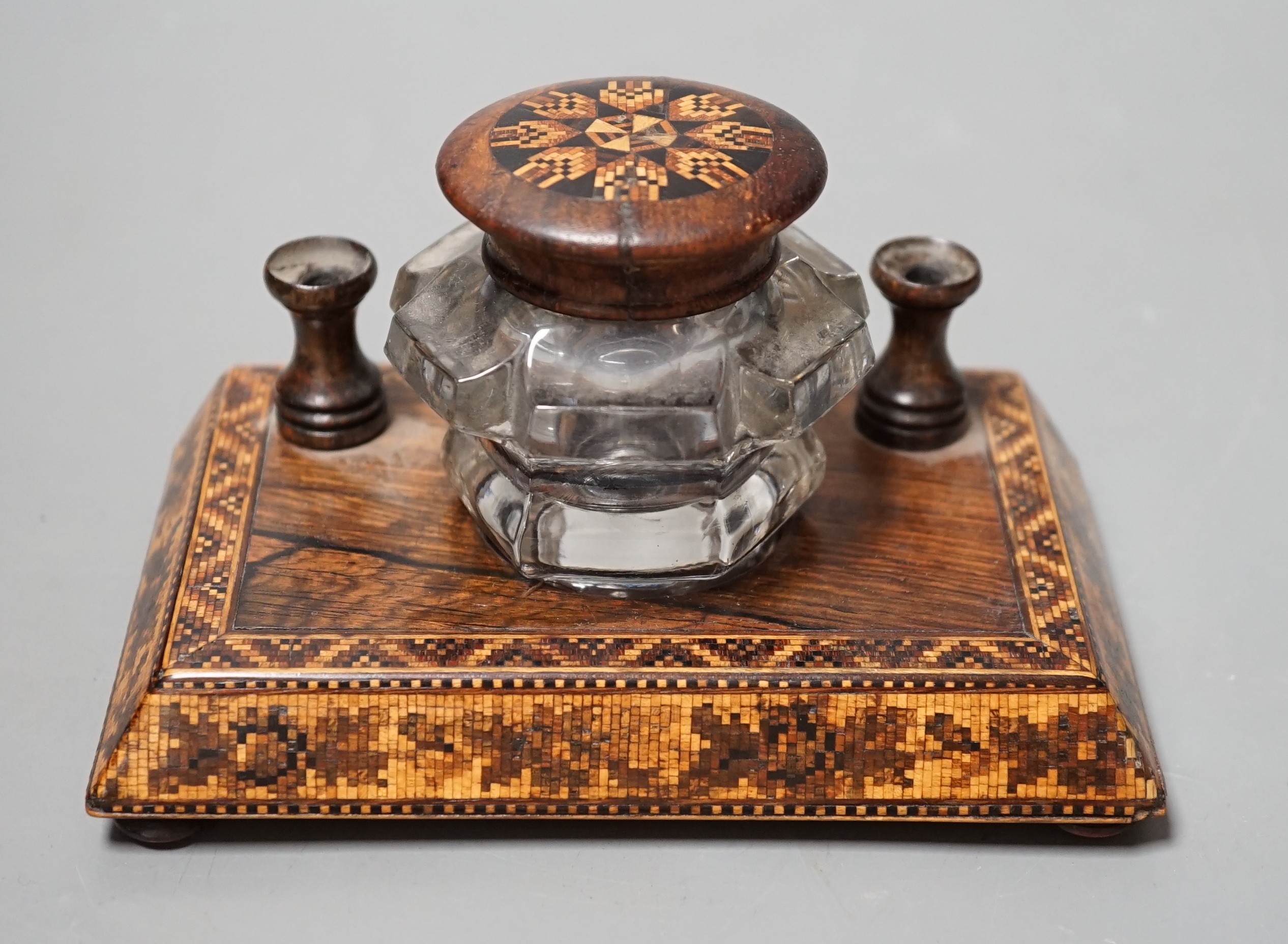 A Tunbridge ware rosewood inkstand, late 19th century, 14cm wide